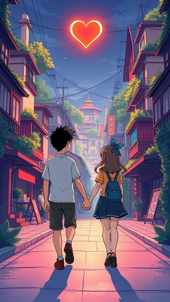 Cel-Shaded Anime Couple Stroll Down City Street