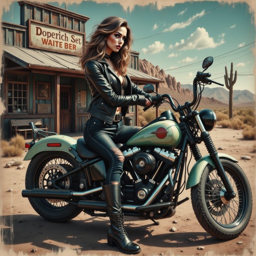 Biker Woman in Wasteland: Hyperrealistic Digital Art