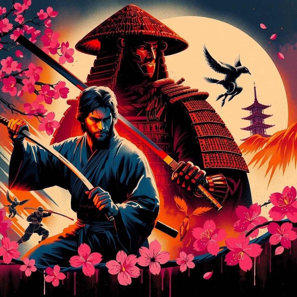 Samurai in Cherry Blossom Garden