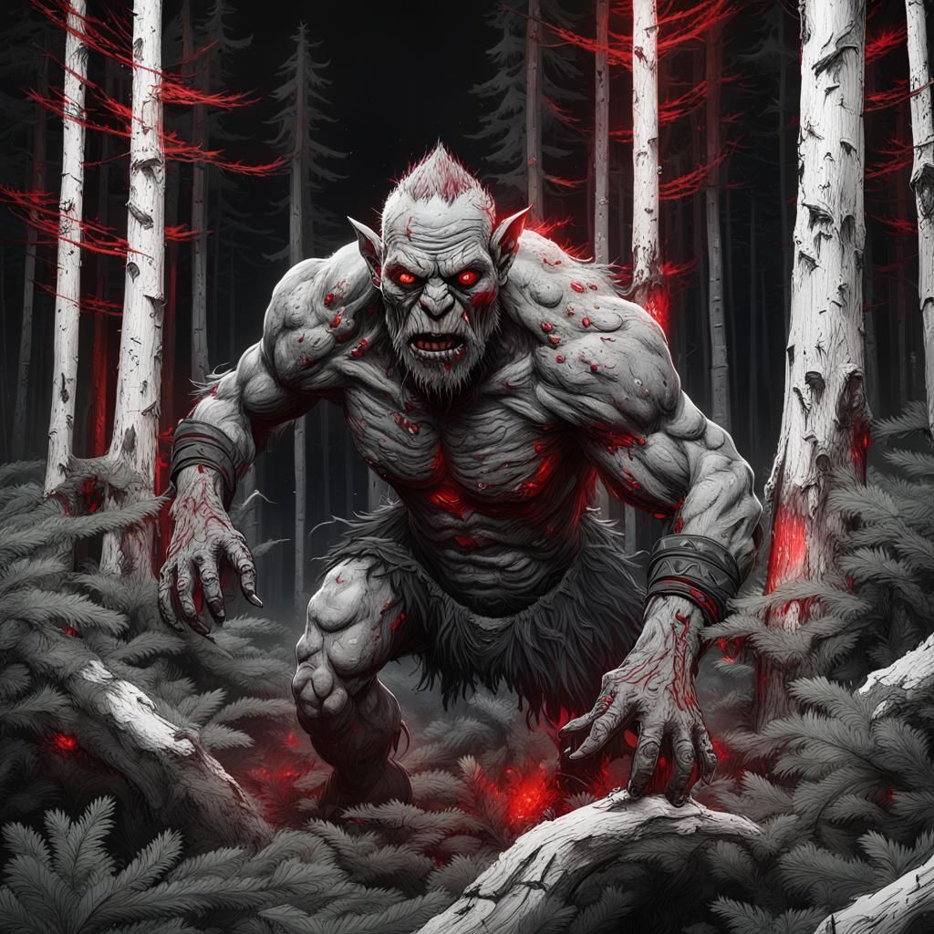High-Contrast Fantasy Scene: One-Eyed Orc Zombie in a Dense...