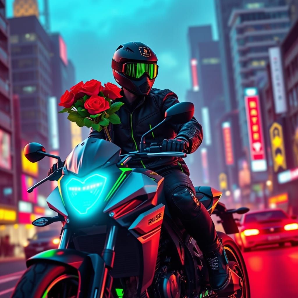 Cyberpunk Biker Delivers Red Roses Under Neon City Skies
