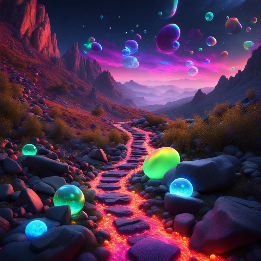 Ethereal Nighttime Landscape with Neon Aurora and Iridescent...