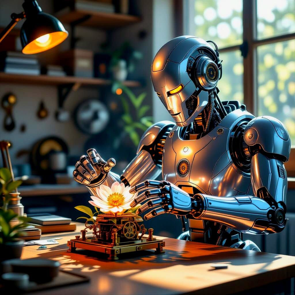 Robot Hand Assembling Clockwork Flower in Art Deco Style