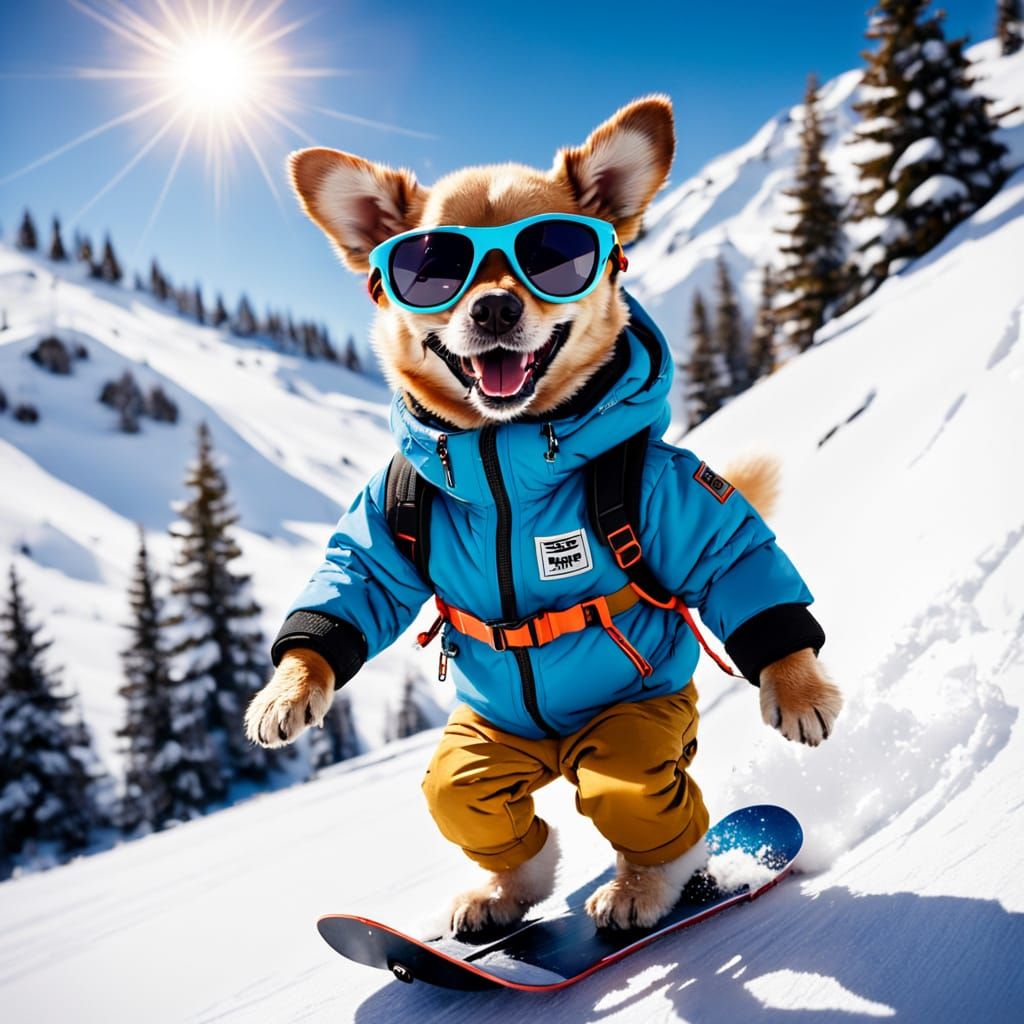 Puppy Snowboarding in Winter Suit and Sunglasses