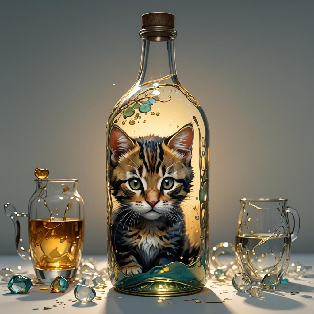 Vibrant Dawn Bottle Kitten Concept Art in Watercolor Style