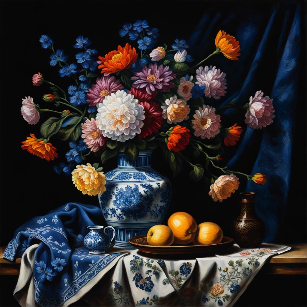 Still Life with Flowers in Rembrandt's Chiaroscuro Style