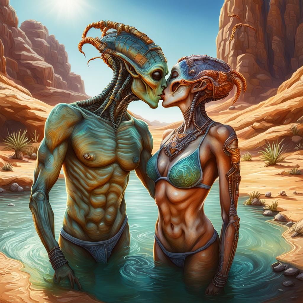 Hyperrealistic Oasis Encounter in Vibrant Desert