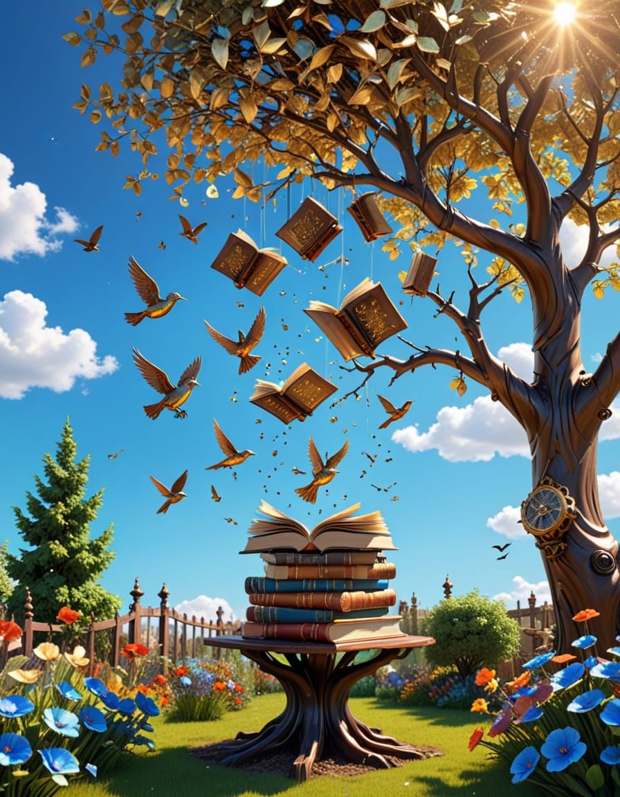 Steampunk Tree of Knowledge in Garden