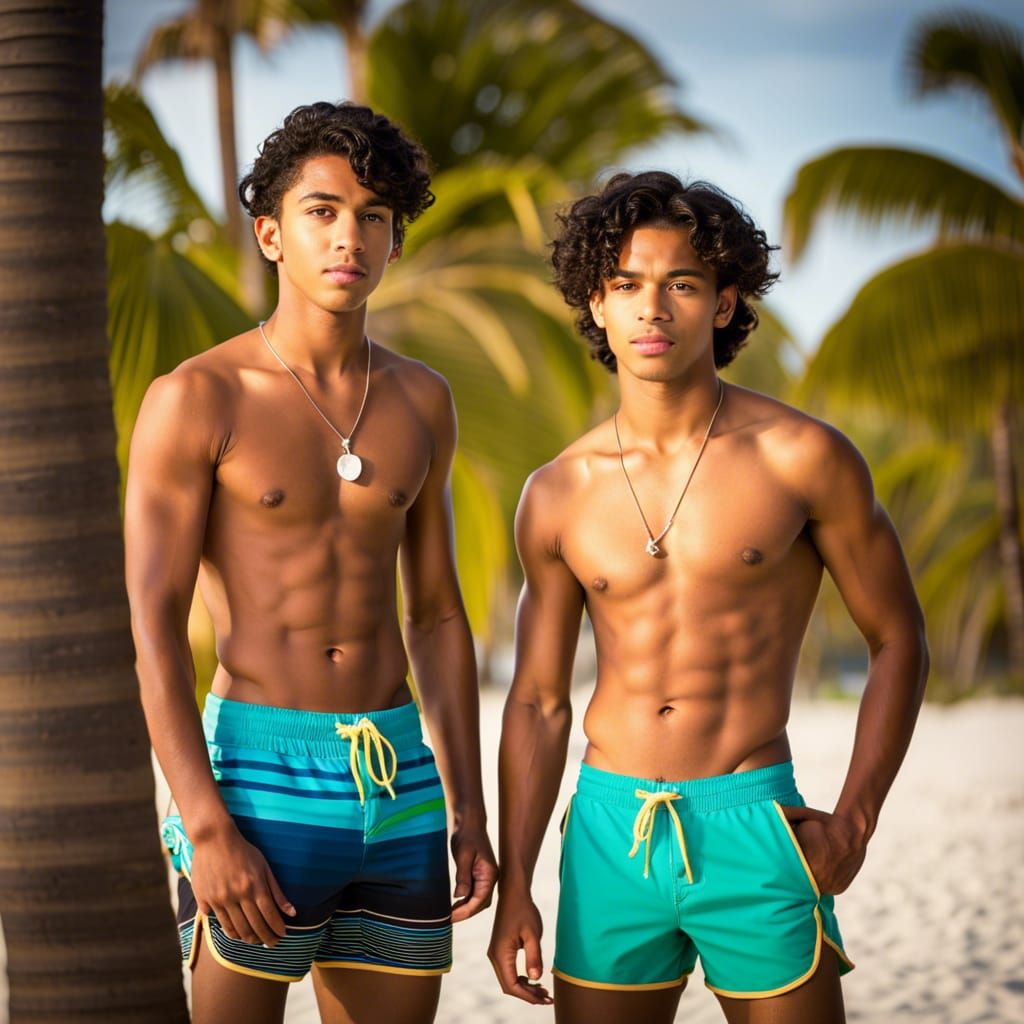 Dazzling Latino Beach Scene with Teenage Gay Male Couple