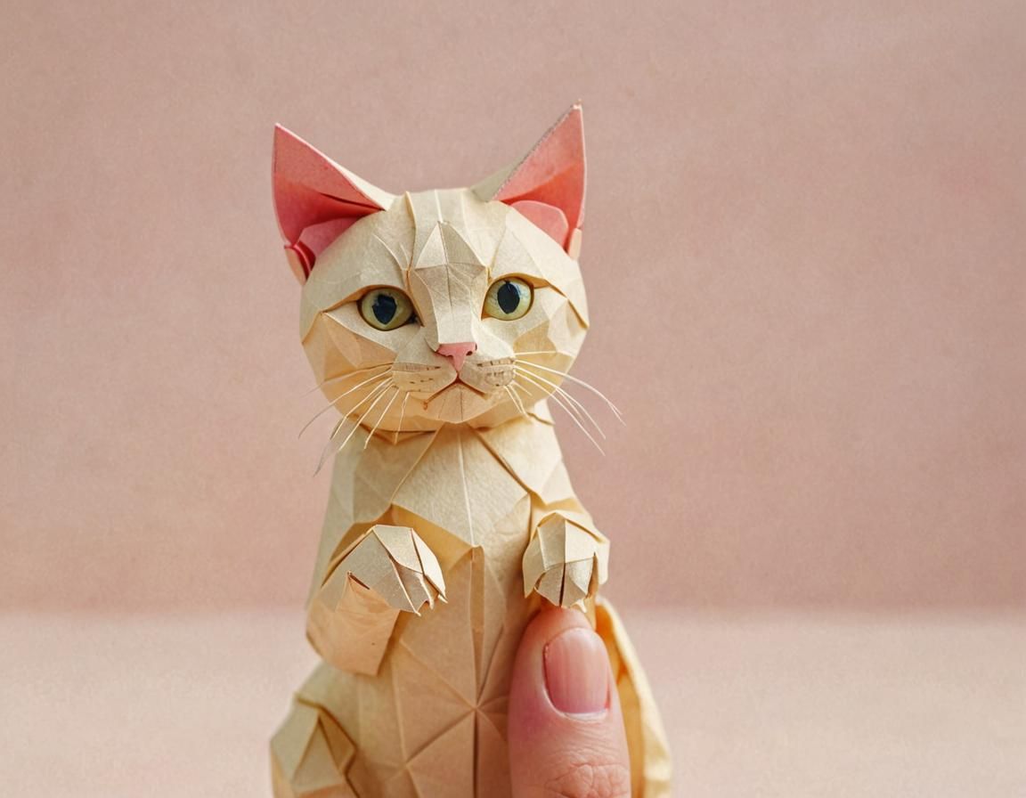 Delicate Blonde Cat on Finger, Intricate Origami Papercraft....