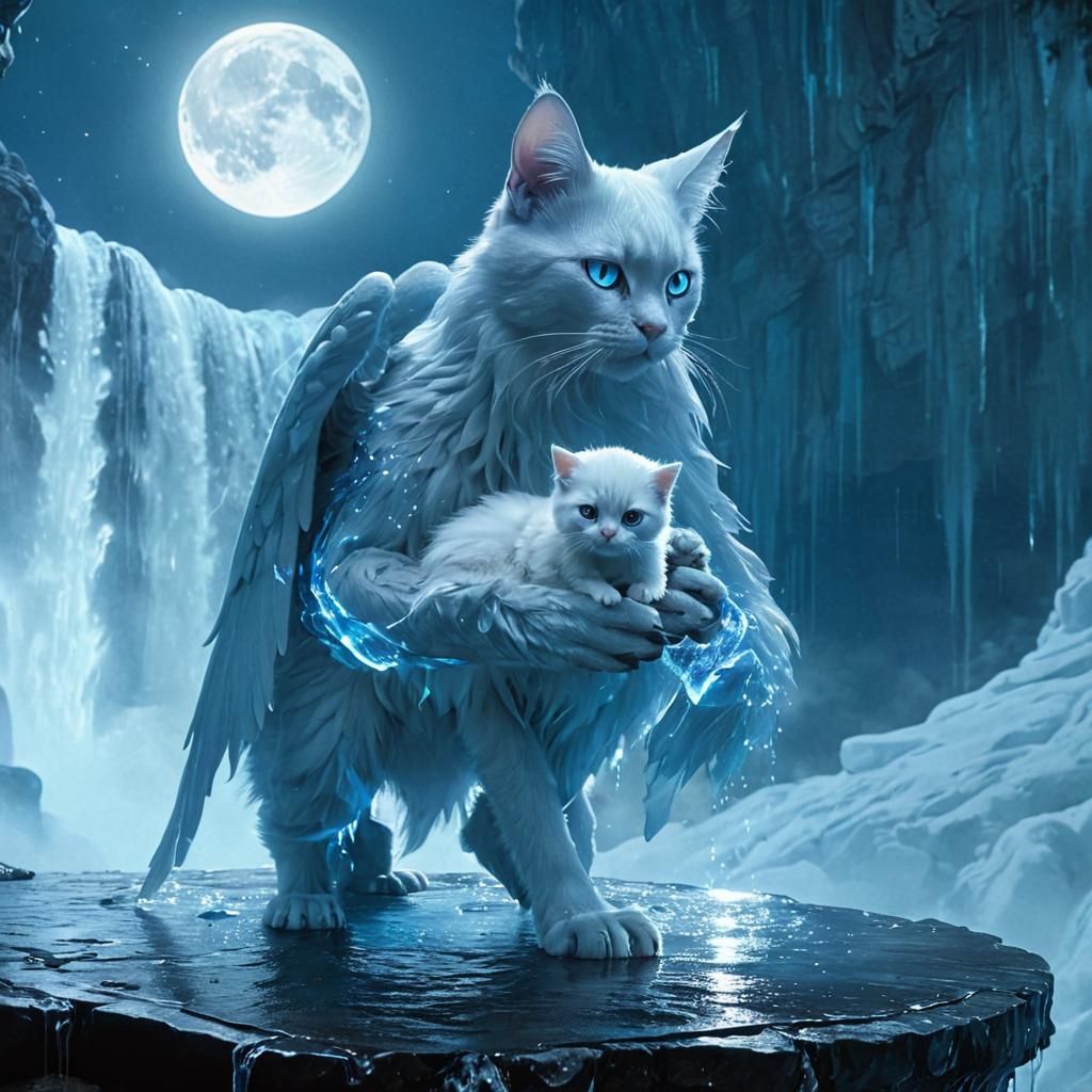 Stunning Holographic Cat Goddess with Furry Wings and Kitten