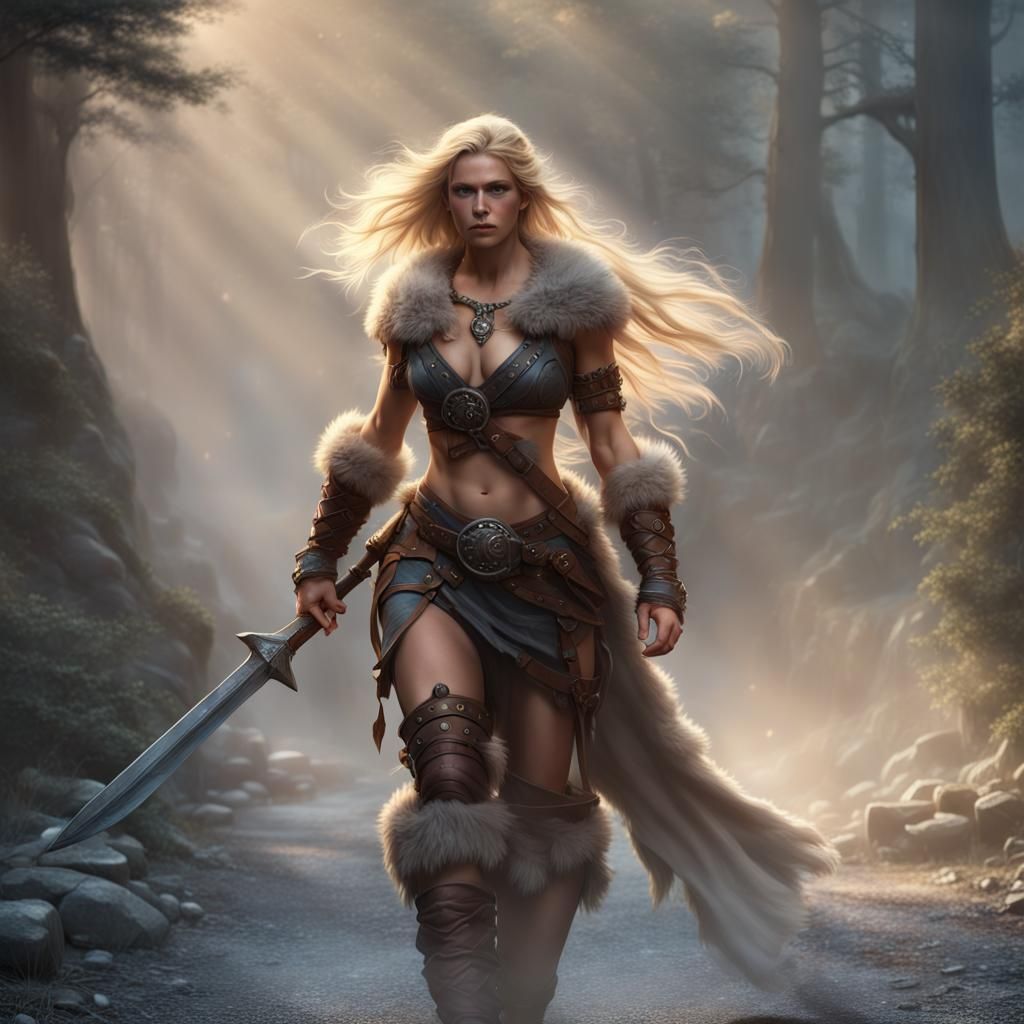 Vibrant Medieval Fantasy Barbarian in Hyperdetailed Landscap...