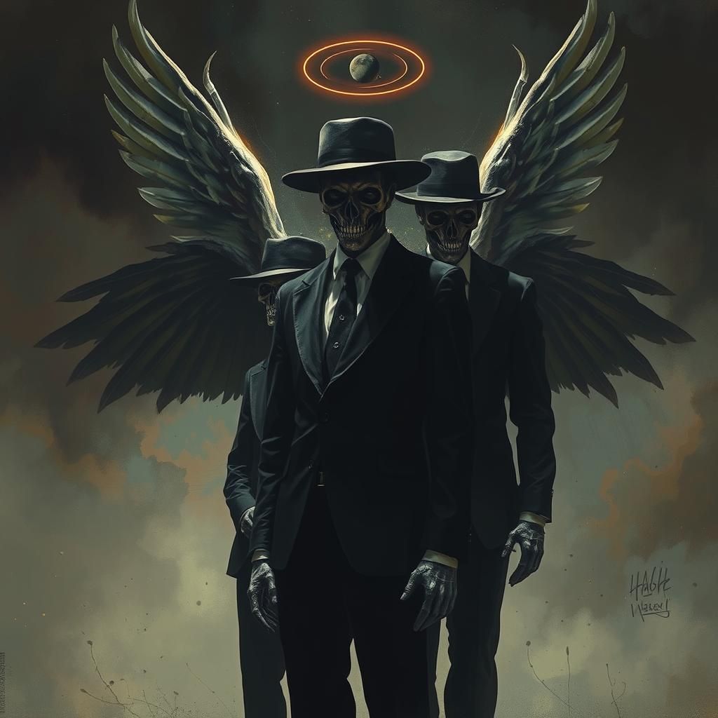 Mysterious Angelic Hybrids in Black Suits with Razor-Sharp W...