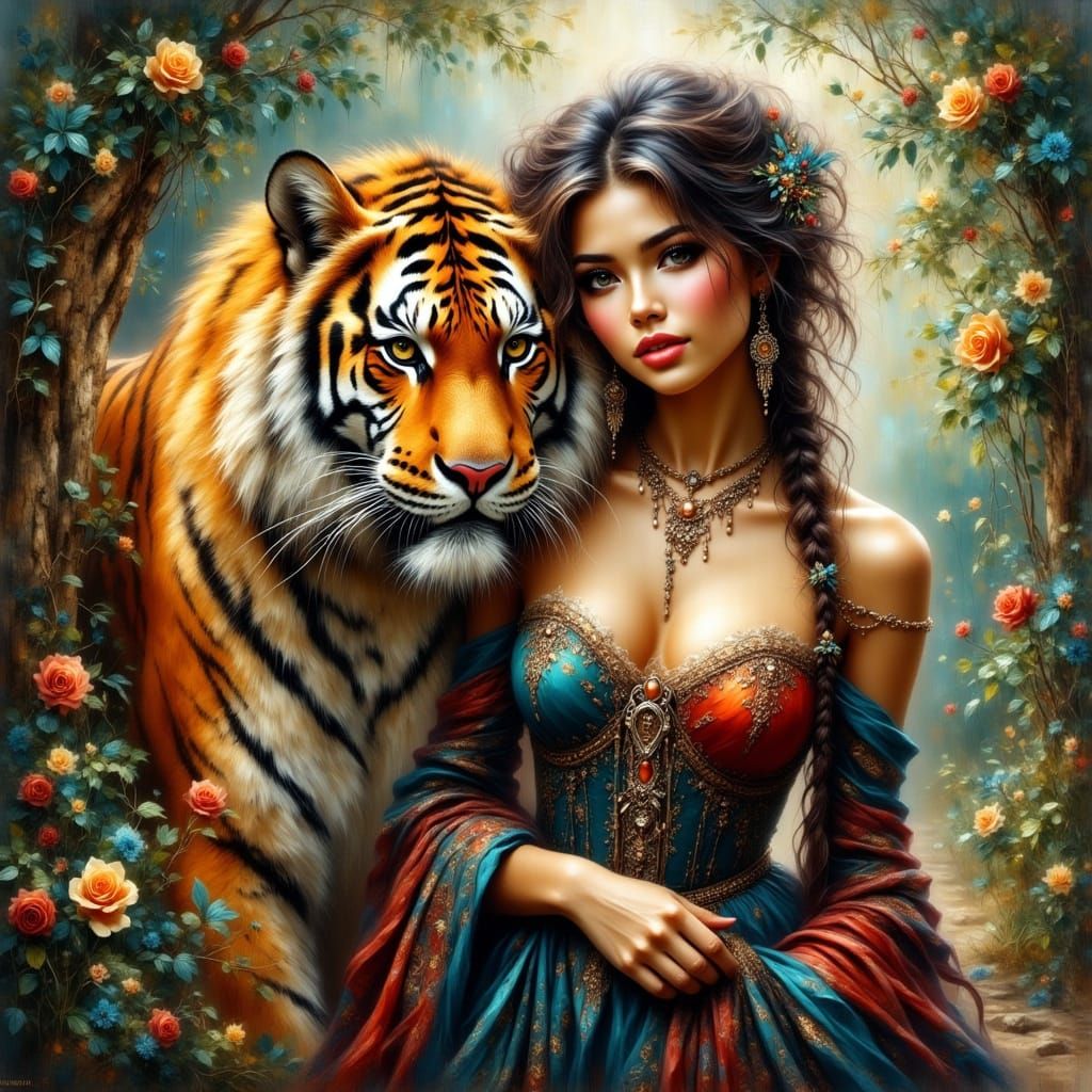 Woman and Tiger in Lush Jungle, Digital Art Style