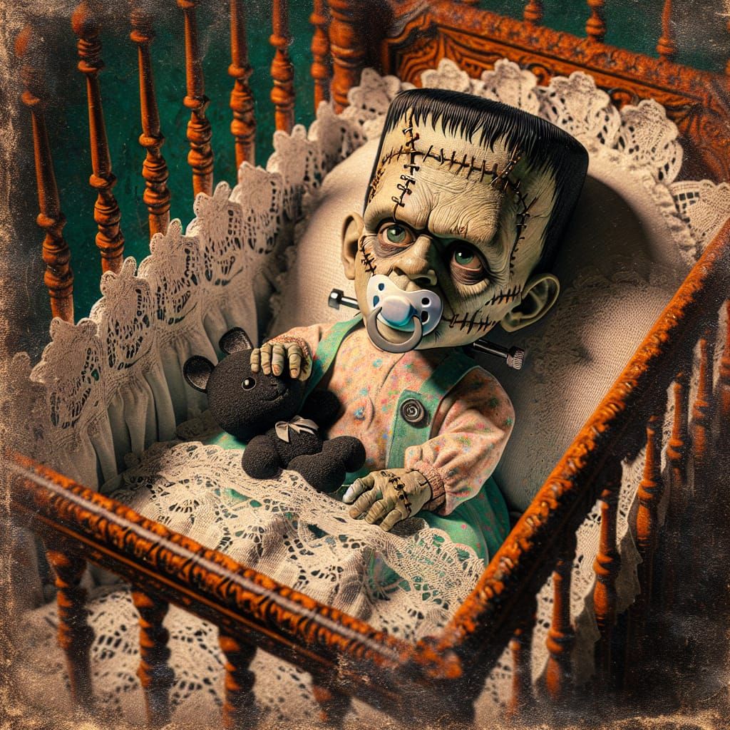 Cute Baby Frankenstein in Pastel Outfit Hugs Bat Plushie in...