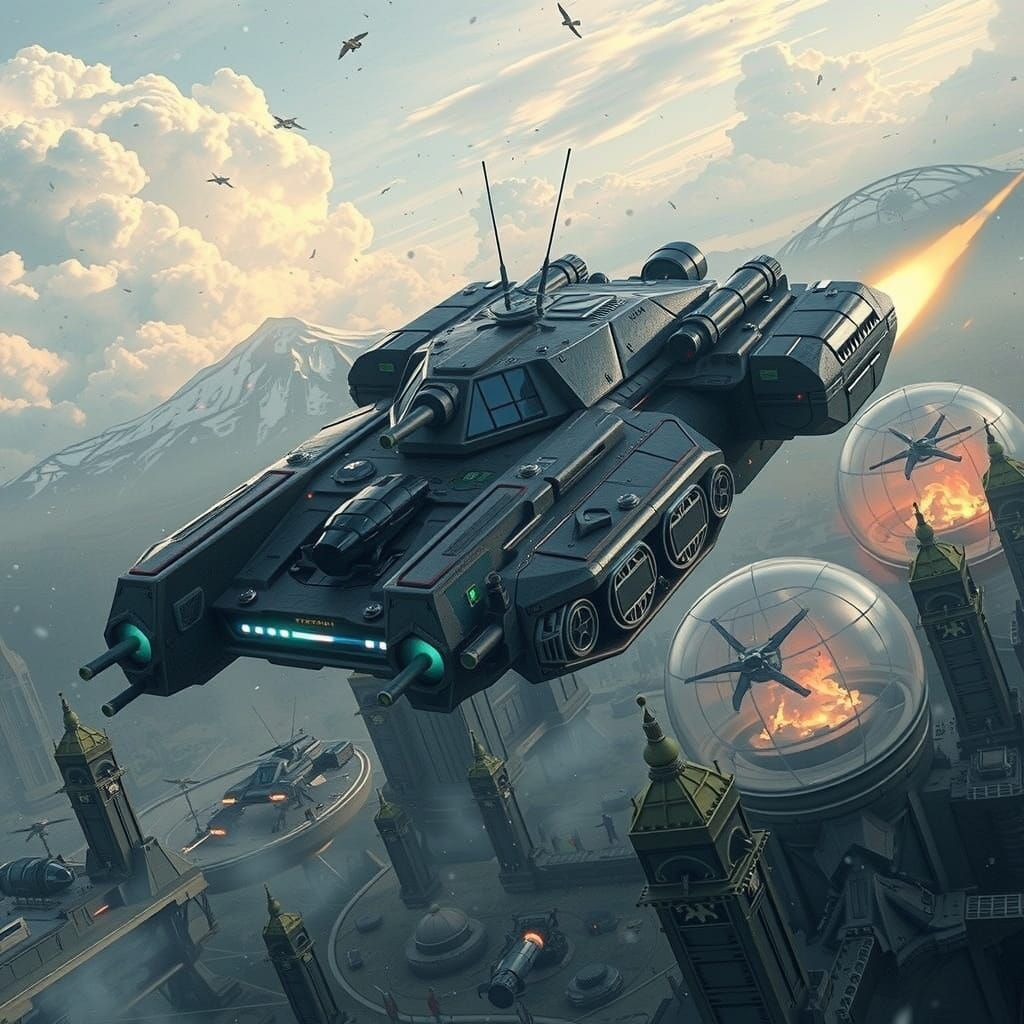 Futuristic Flying Tank with Advanced Tech in Black and Green