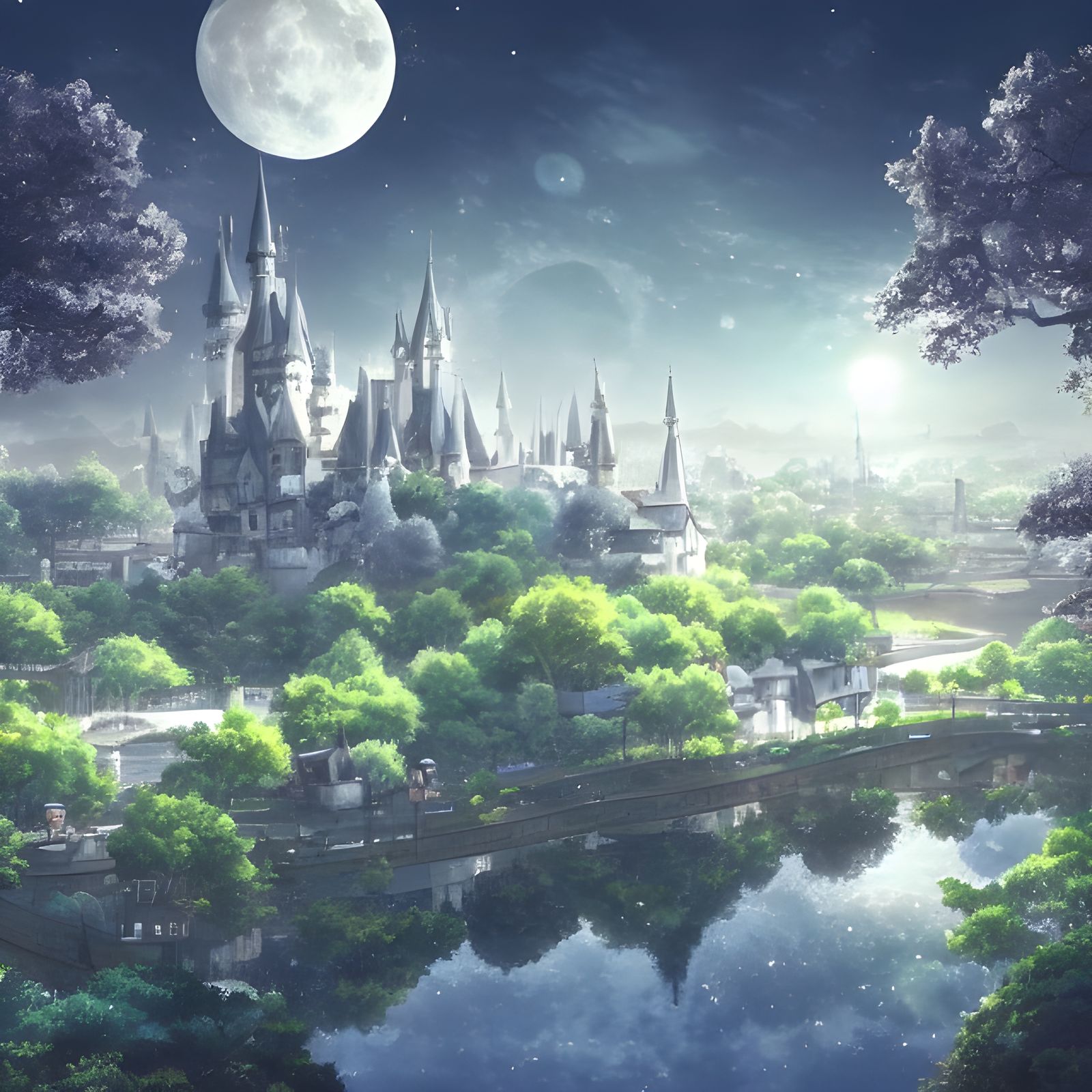 Surreal Moon Cityscape in Anime Art Style