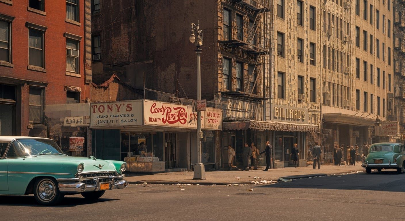Vibrant 1960s New York Street Scene with Classic Cars and Vi...