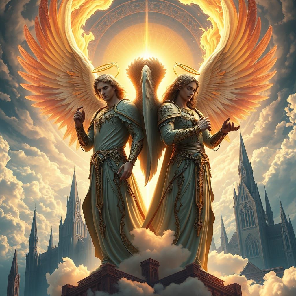 Archangels Michael and Gabriel in Golden Aura, Fantasy Lands...