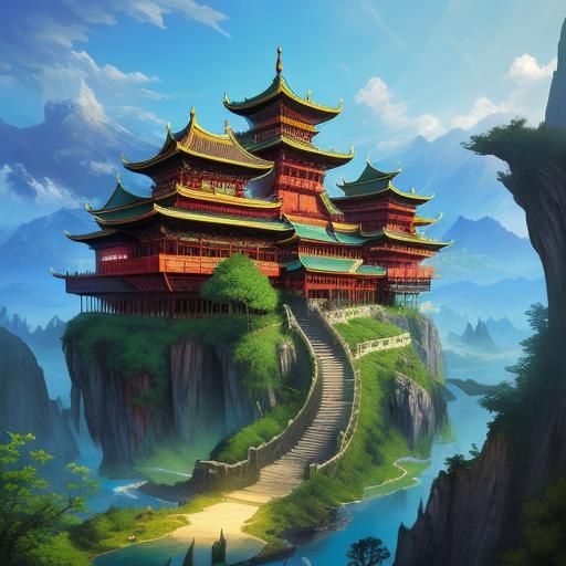Majestic Oriental Palace in Whimsical Fantasy Landscape