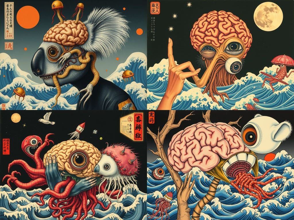 Mutant Jellyfish Ocean with Koala Brain and Eyeball Art