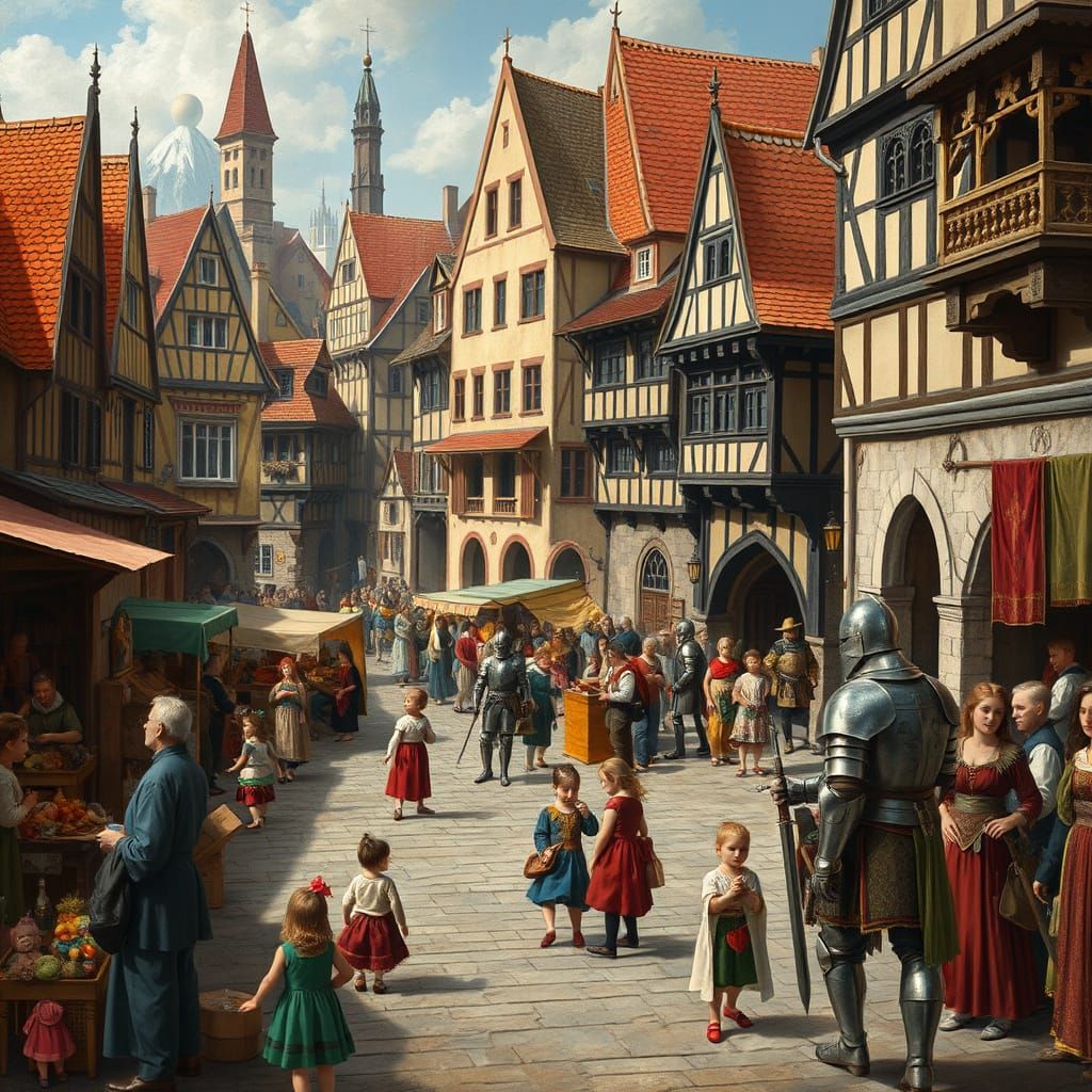 imagine a bustling marketplace in a vibrant medieval city. M...