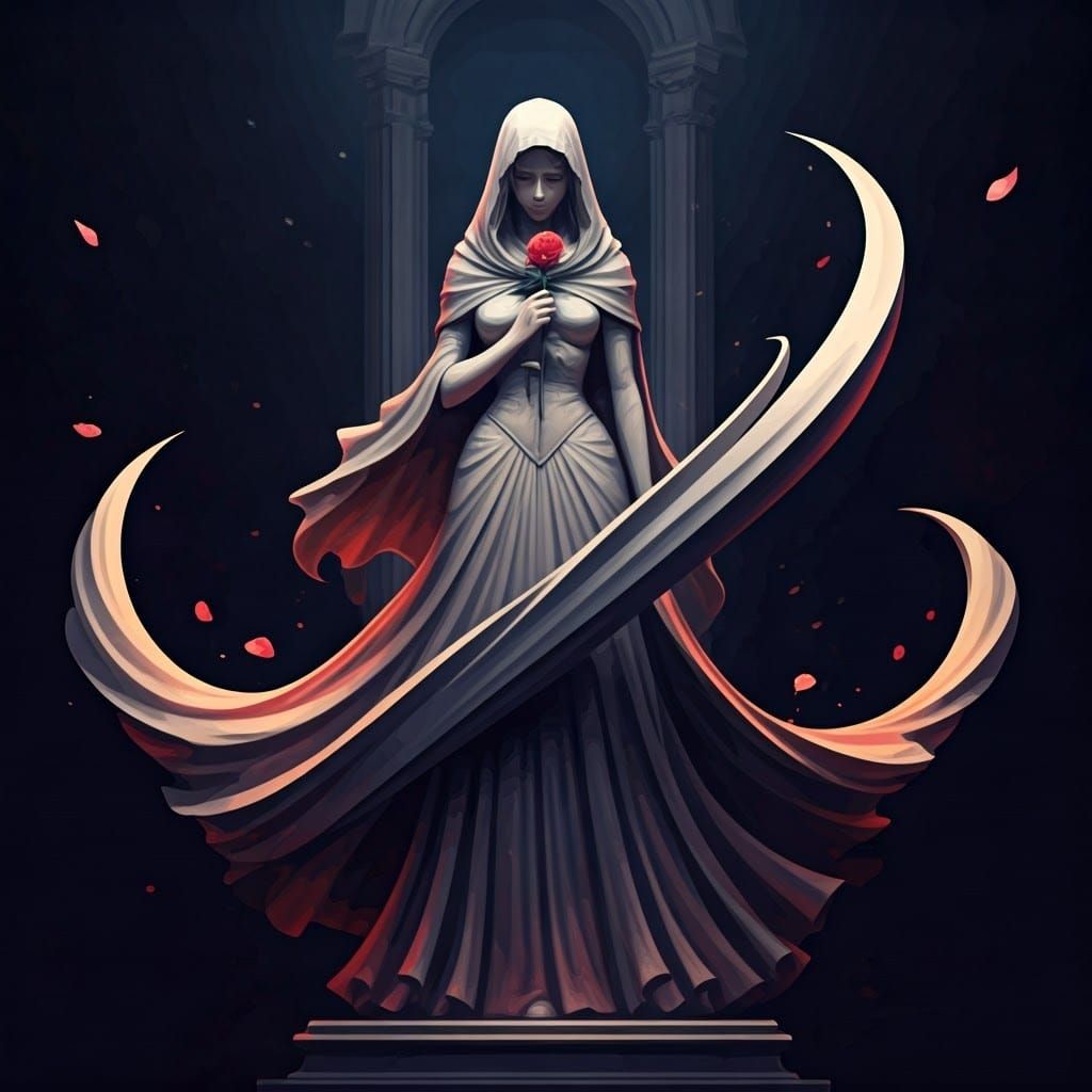 Majestic Veiled Woman Statue in Vibrant Anime Style