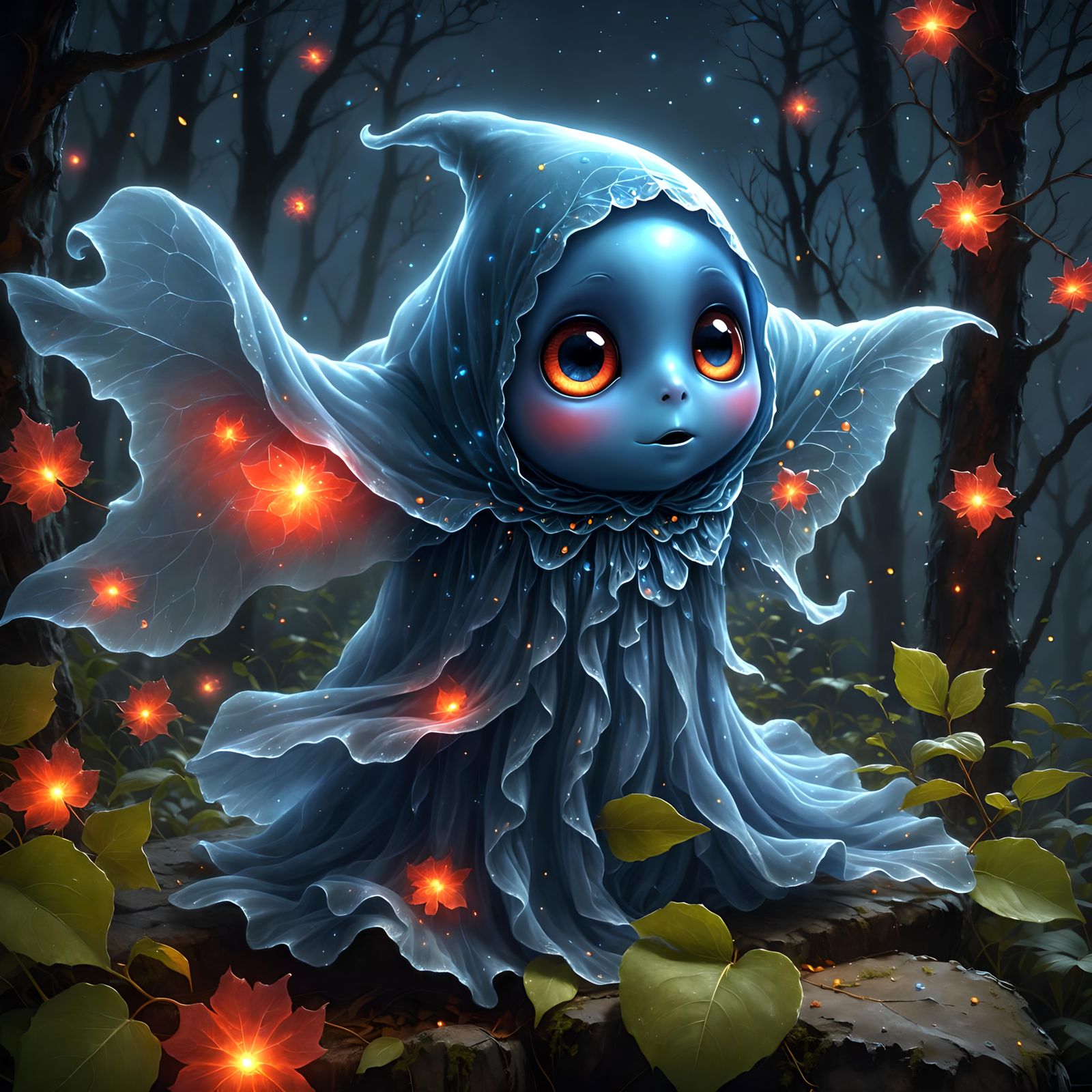 Whimsical Blue Ghost in Autumn Twilight