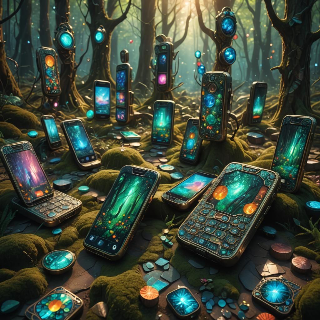 Mosaic Cell Phones in Enchanted Forest, Whimsical Surrealist...