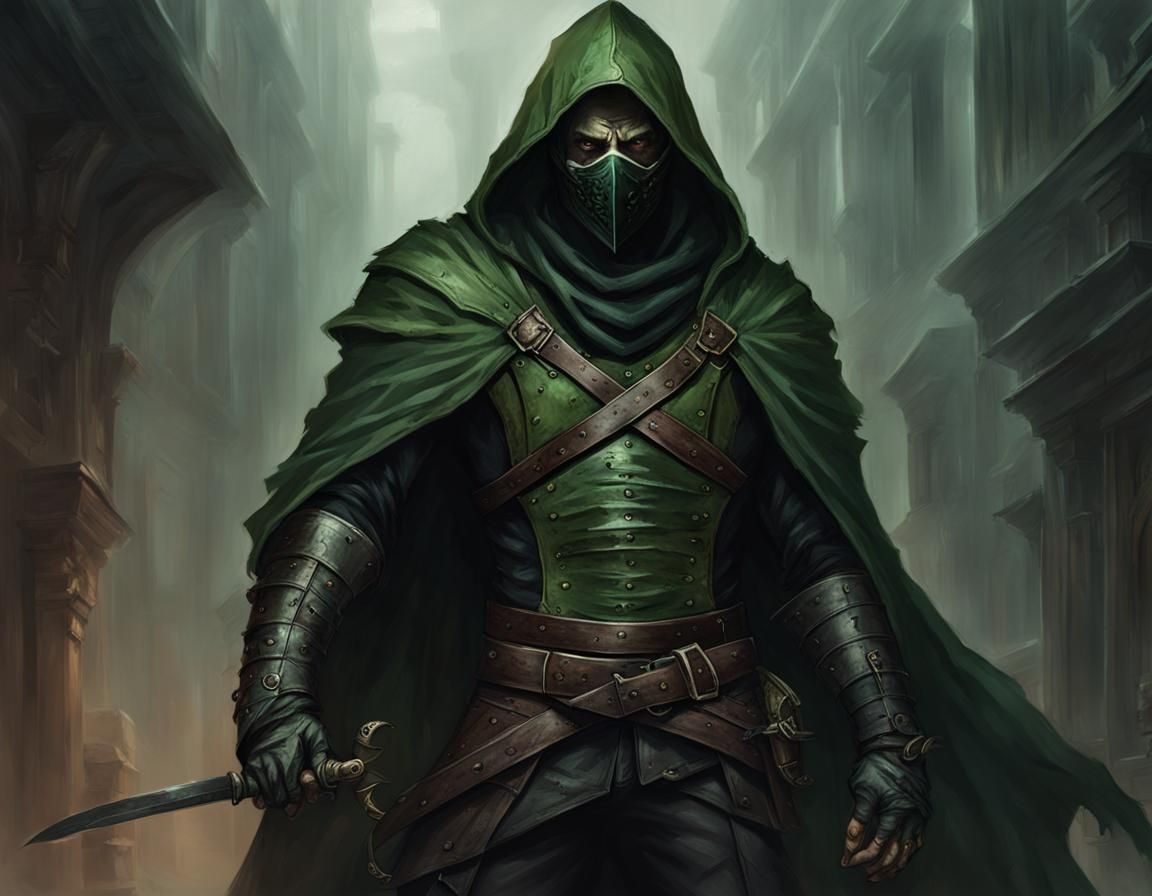 Gothic Green Assassin in Dark Fantasy Armor