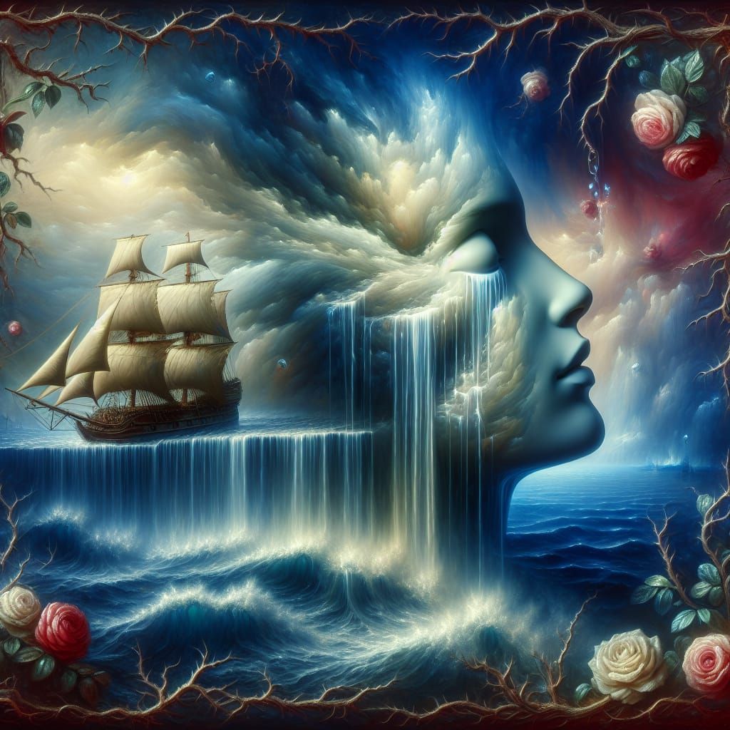 Surreal Vagary of a Face and Ship in Dreamlike, Late Romanti...