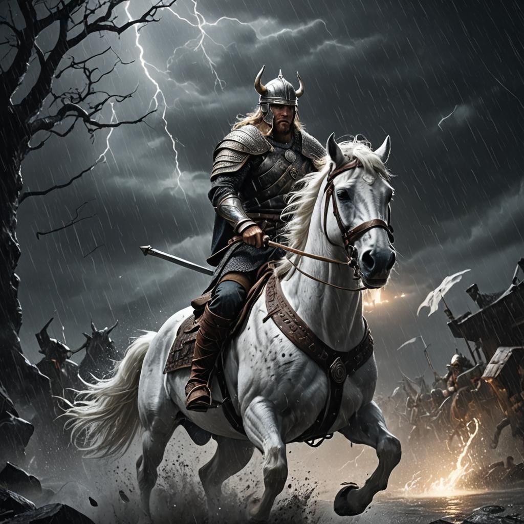 Viking warrior rides a majestic white horse through the dark...