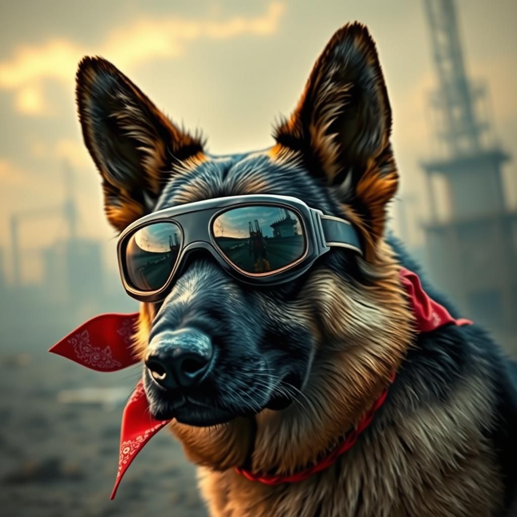 Faithful German Shepherd in Postapocalyptic Landscape