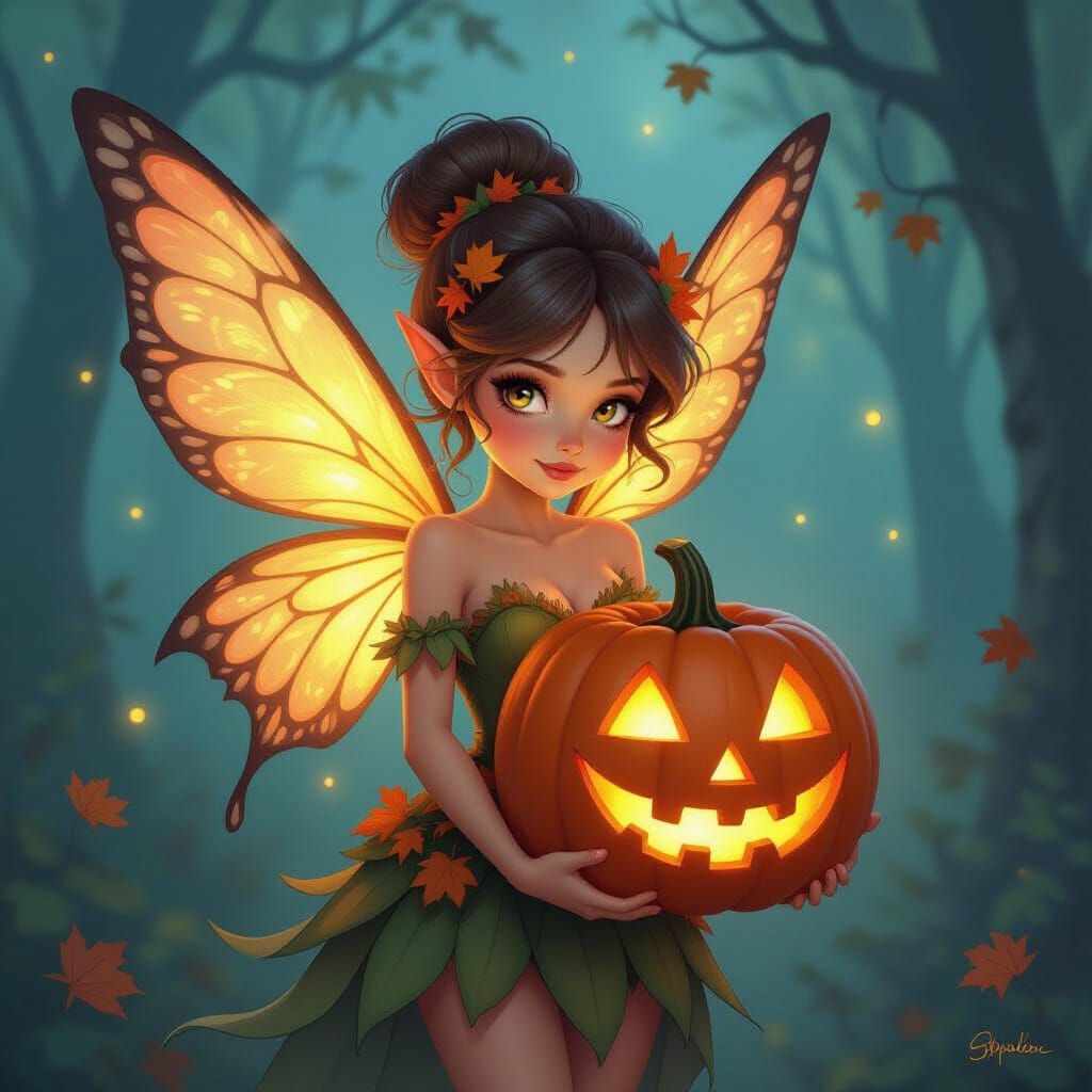 Whimsical Fairy Holds Glowing Jack o'lantern in Misty Forest