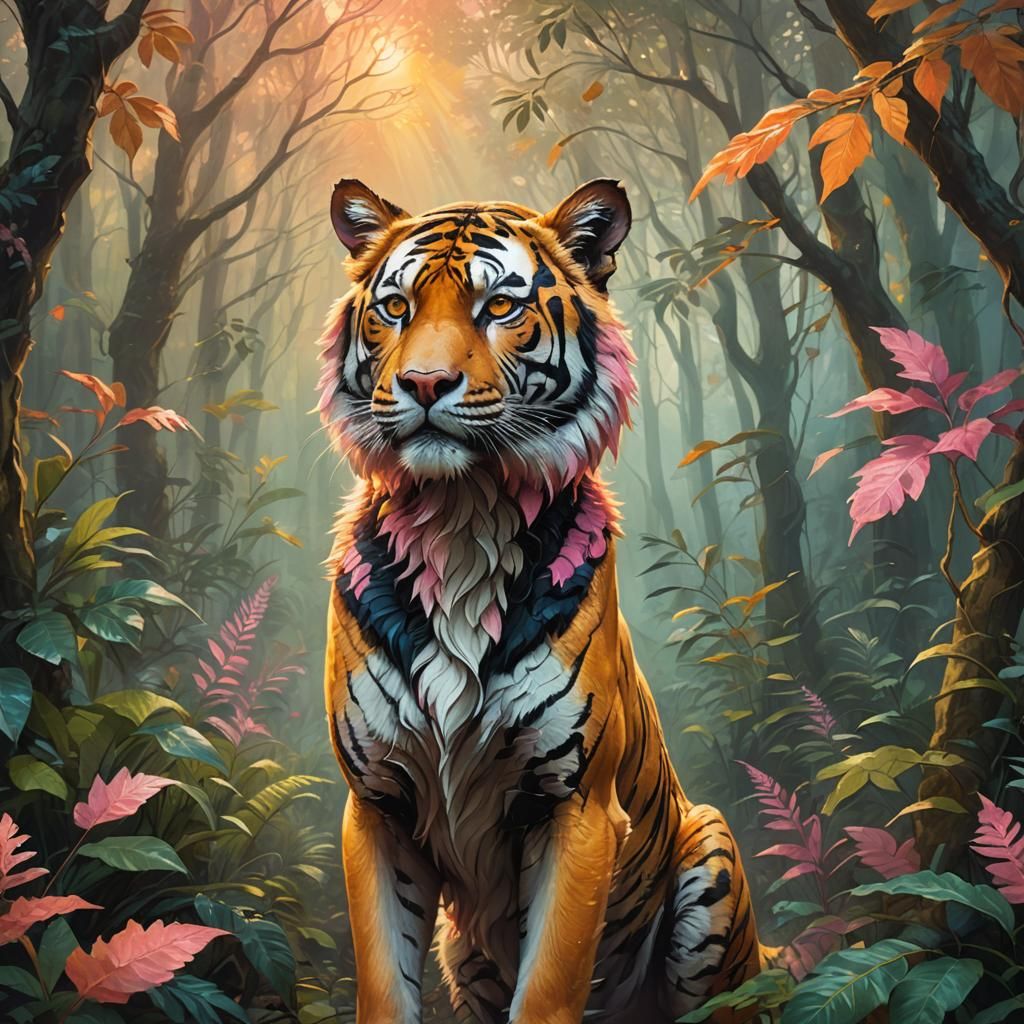 Tiger-Headed Dog in Mystical Forest, Vibrant Oil Painting