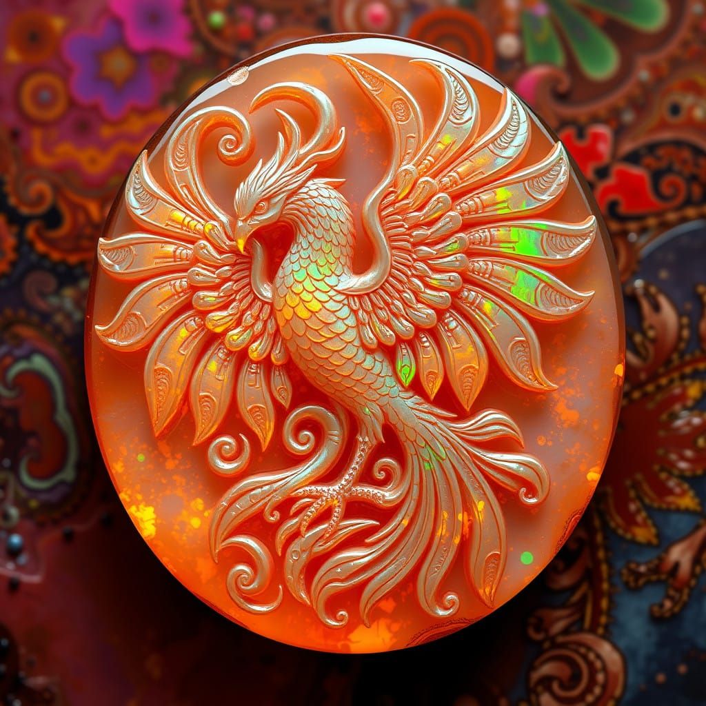 Surreal Opal Phoenix in Cyberpunk Aesthetic