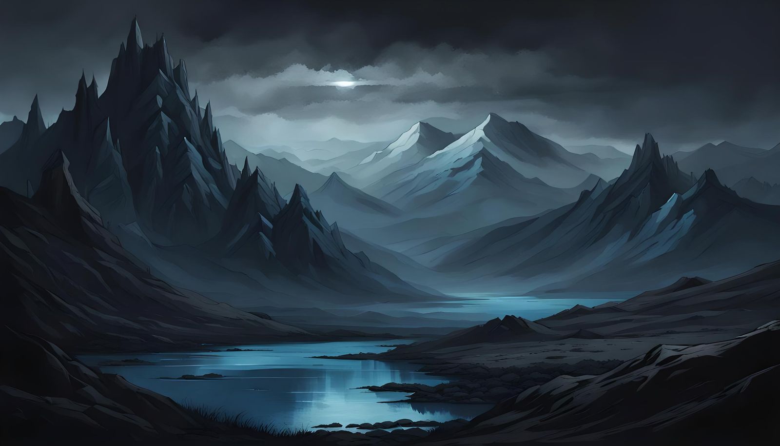 Mysterious Dark Fantasy Mountain Landscape in a Stormy Twili...