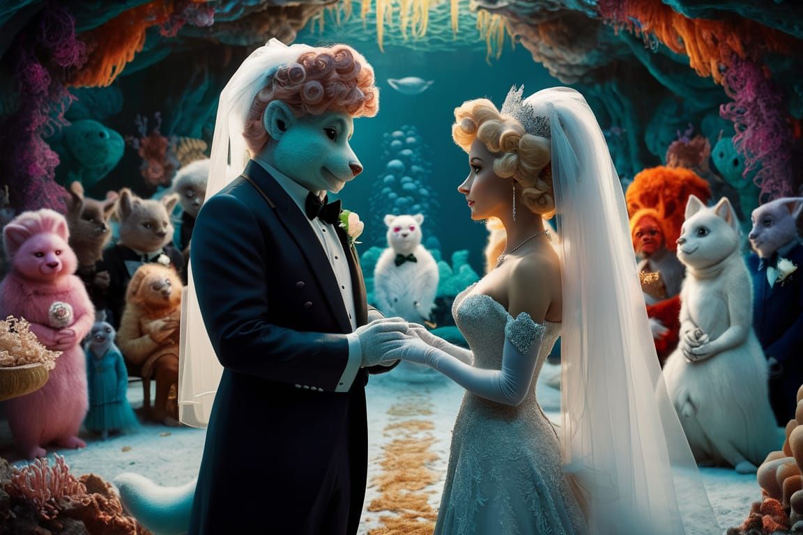 Whimsical Furry Underwater Wedding Scene