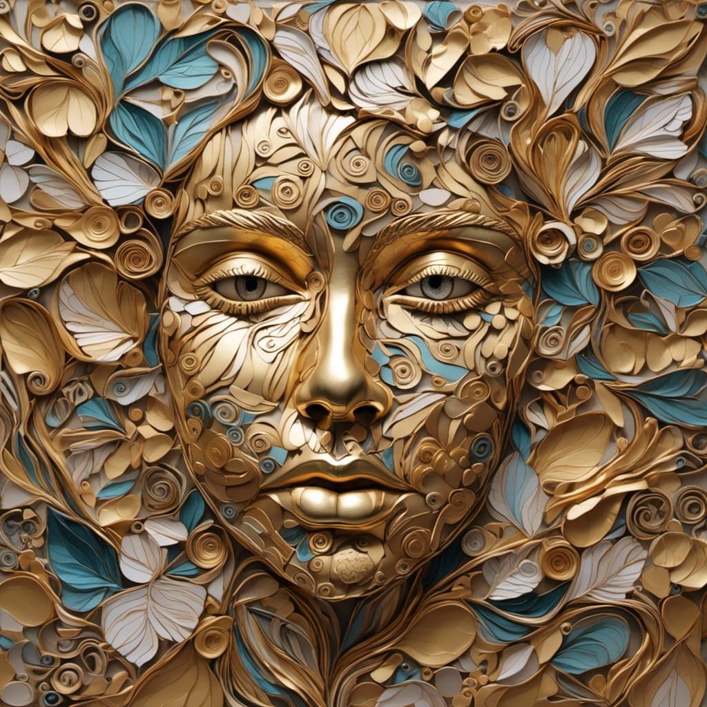 Bas Relief Portrait Amidst Whirling Golden Wrappers