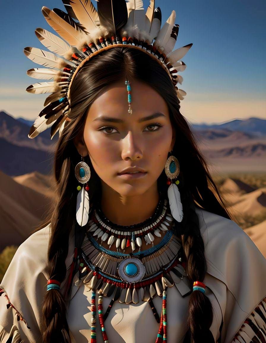 Regal Native American Woman in Traditional White Mountain Ap...