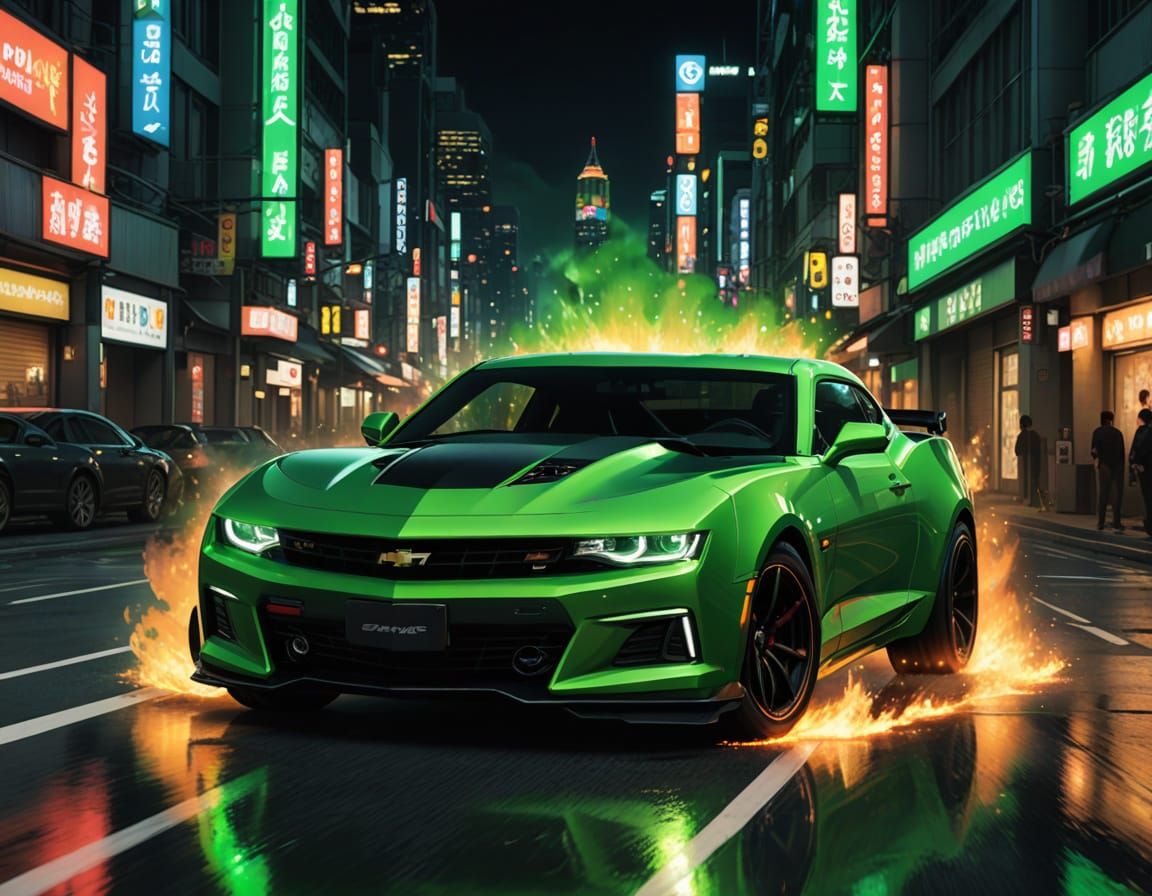 Energetic Anime-Inspired Cityscape with Blazing Car Chase