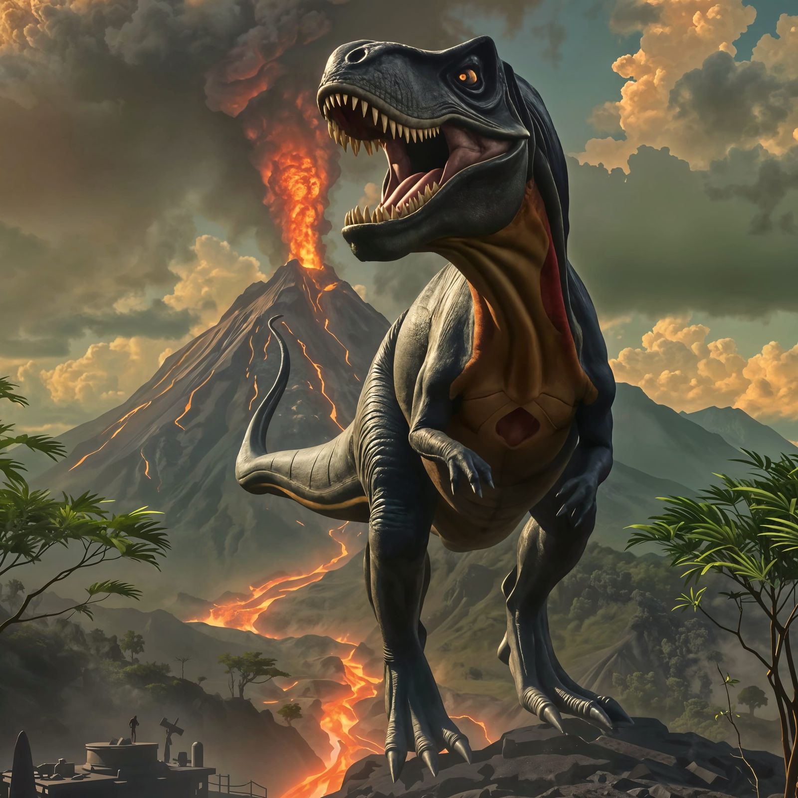 T-Rex at Erupting Volcano: 3D Illustration