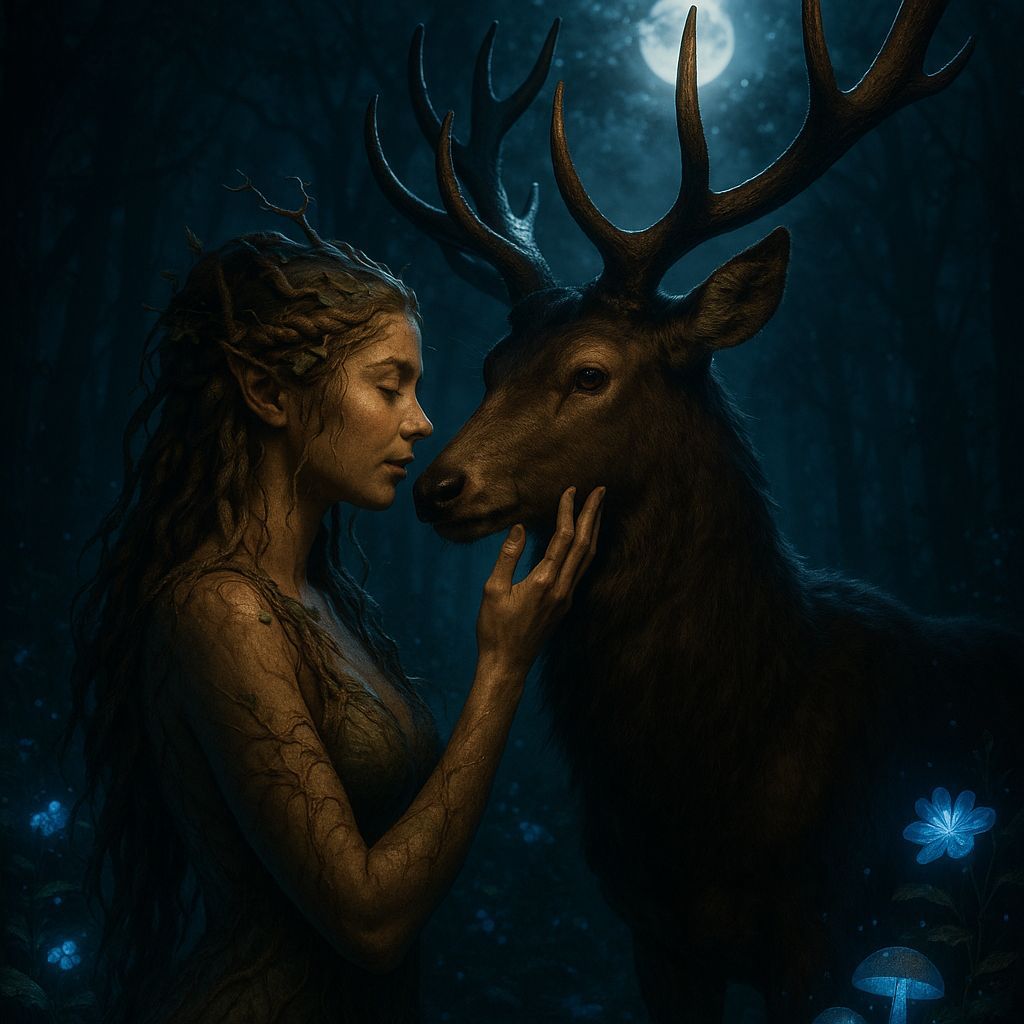 Dryad and Stag in Moonlit Bioluminescent Forest