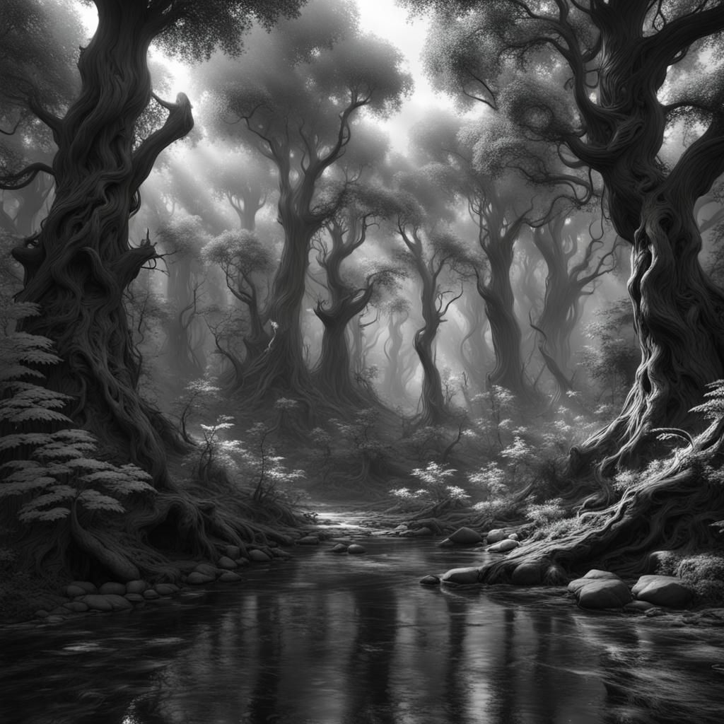 Monochromatic Fantasy Realm with Vibrant Splendor