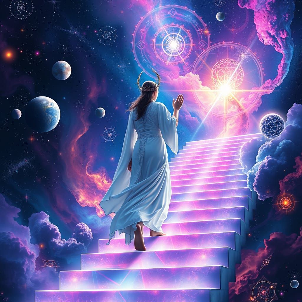 Cosmic Figure Ascends Luminous Staircase Amidst Nebula