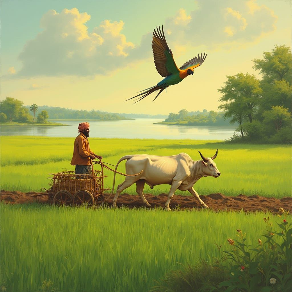 Indian Farmer Ploughing Field with Bull in Sunlight