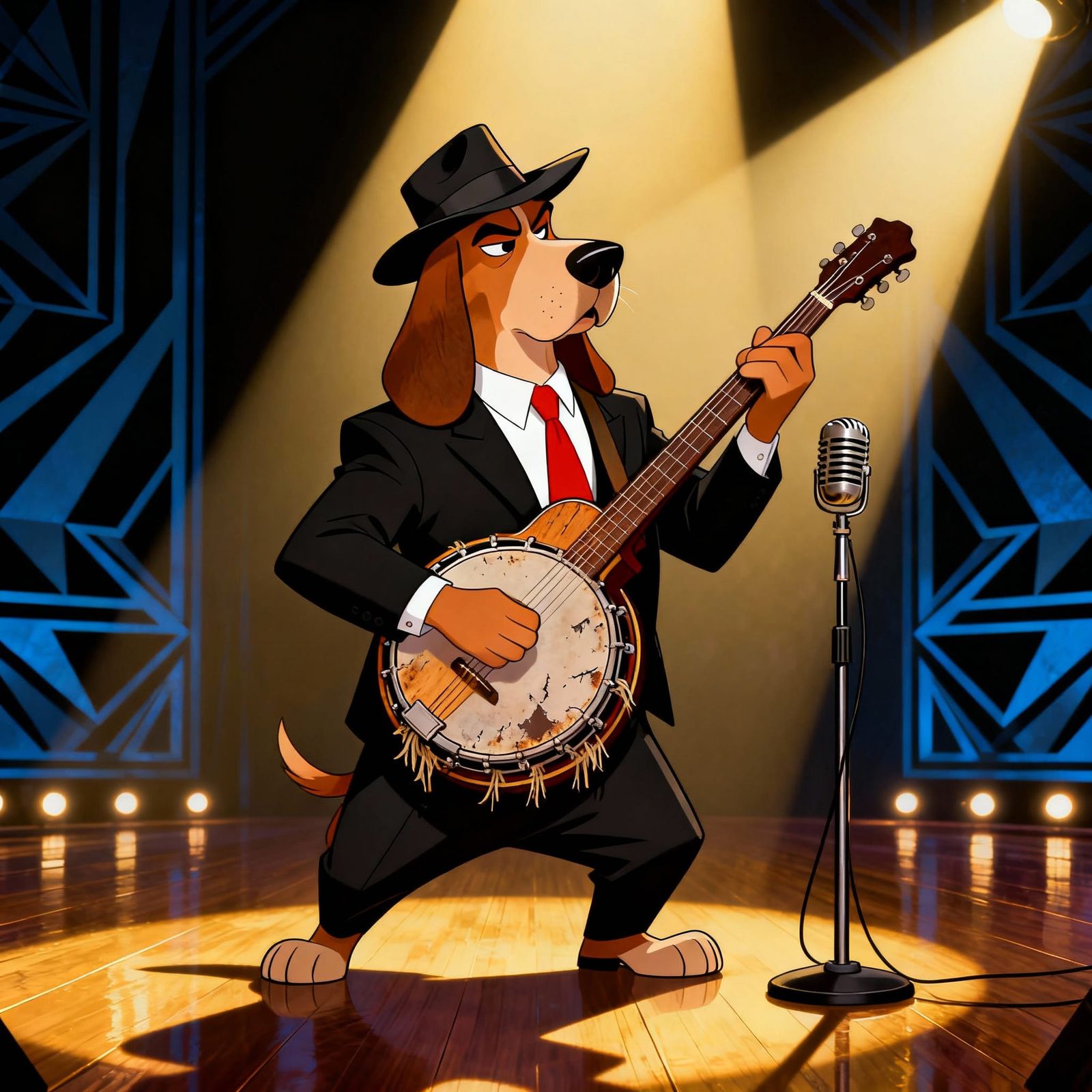 regal basset hound seedream in jazz bass solo on stage