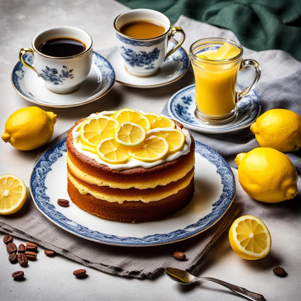 Lemon Cake with Coffee in Pre-Raphaelite Style