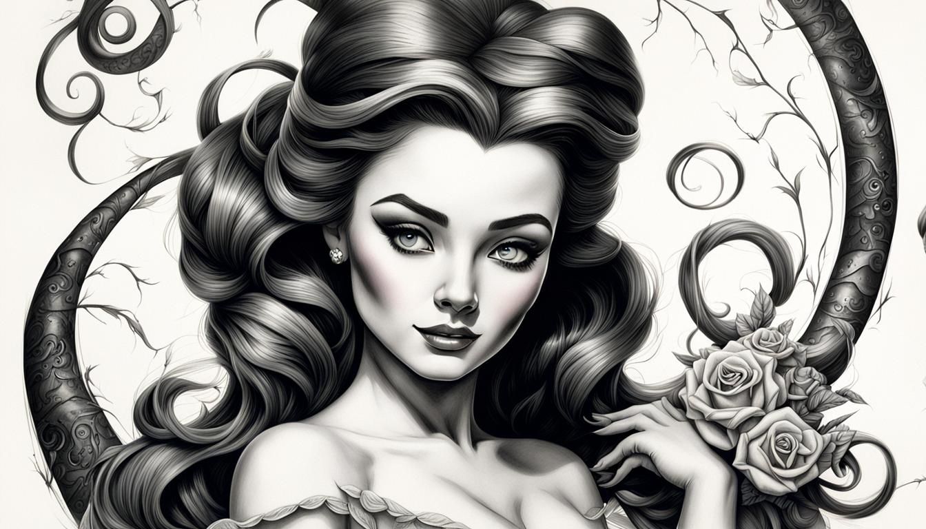 Belle as a Pinup in Enchanting Charcoal Drawing