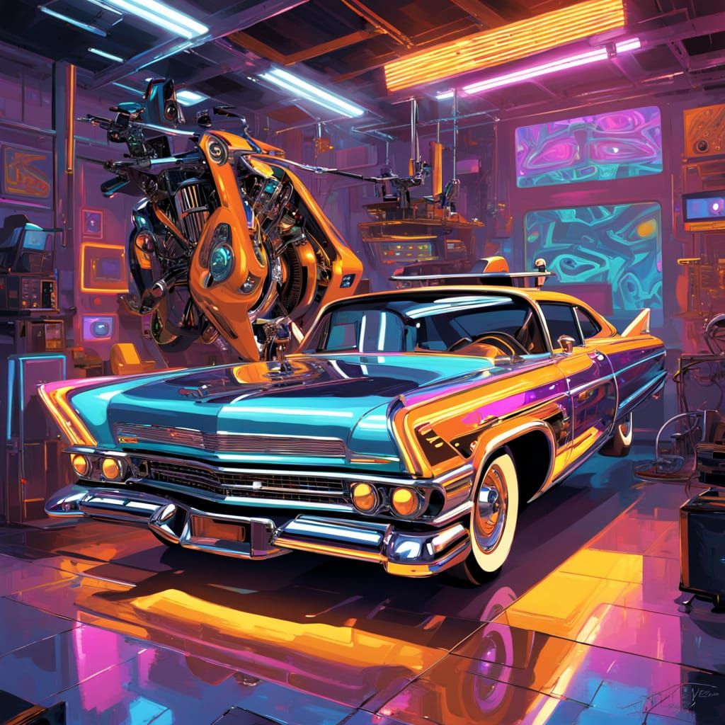 Cyberpunk Lowrider Garage in Vibrant Neon Lights